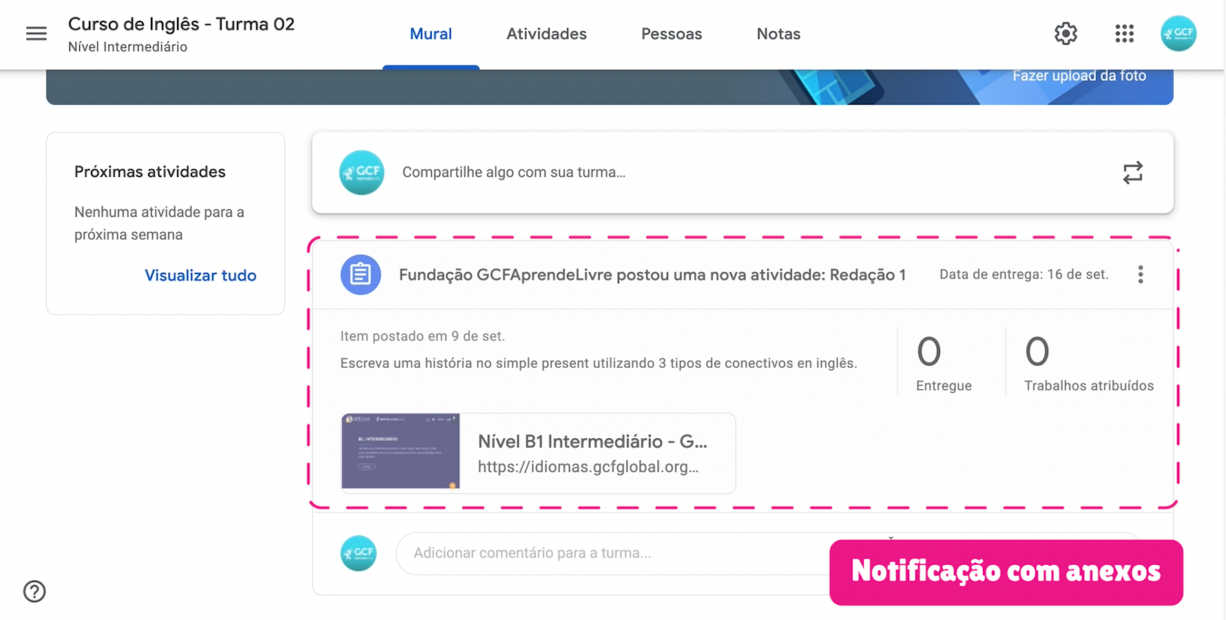 como aparece uma notificação com anexos no Google Sala de Aula